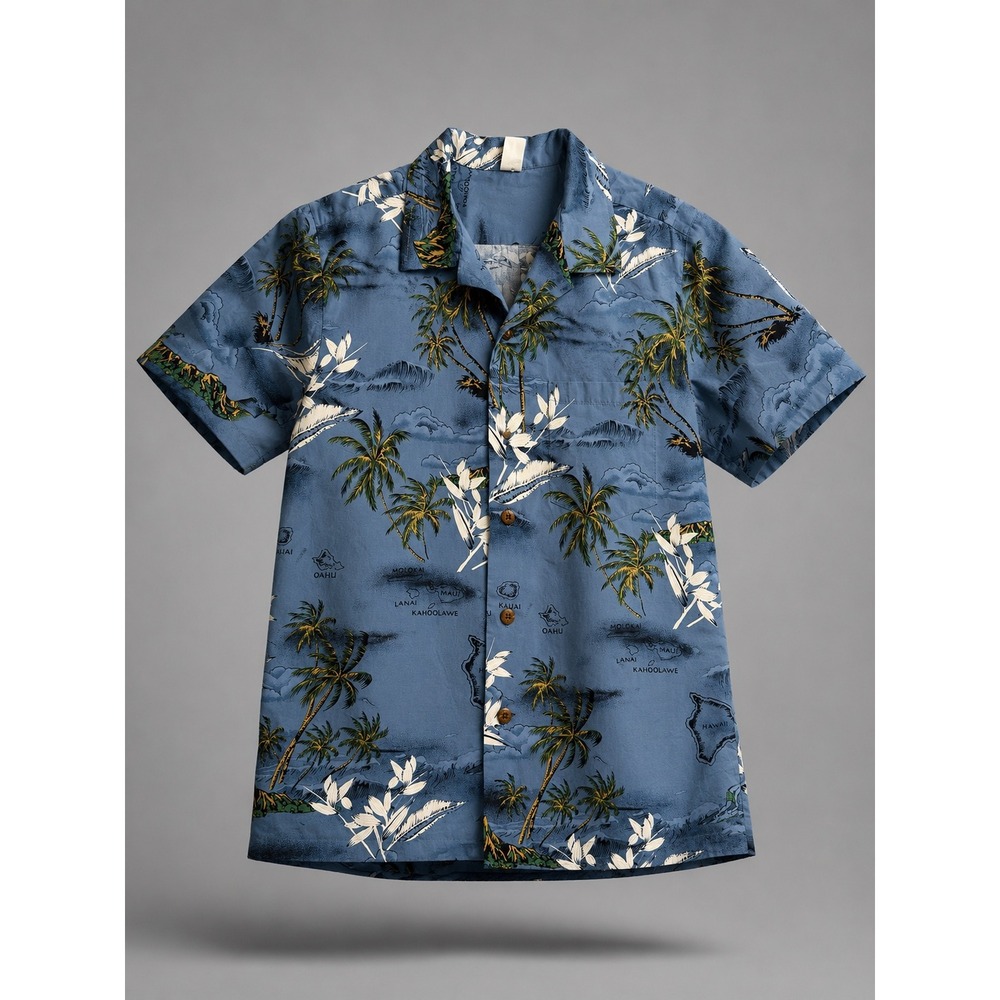 🍁Palmwave Hawaii Mens‎ Blue Tropical Island Map Palm Tree Cotton Aloha Shirt S
